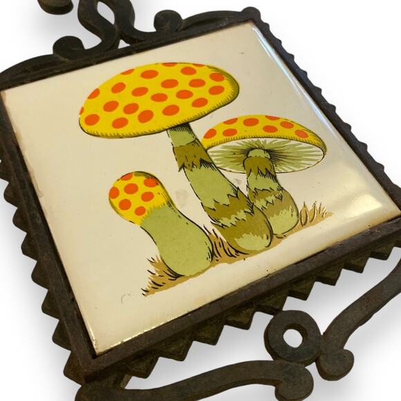 Vintage 70s White Tile Black Cast Iron Yellow Orange Mushrooms Wall Art Trivet - Picture 2 of 16